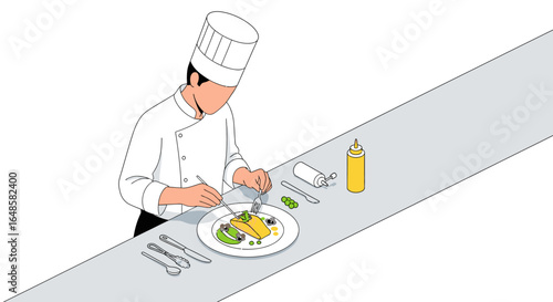 A faceless chef in a white uniform meticulously plating a gourmet dish, a minimalist isometric vector illustration.