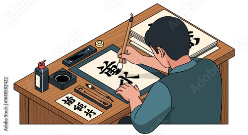 A focused calligrapher from behind, practicing traditional Asian calligraphy with a brush and black ink on paper at a wooden desk.