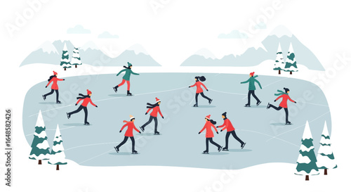 A group of people in colorful winter coats, hats, and scarves ice skating on a frozen surface.