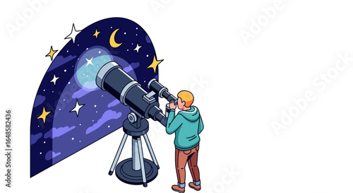 Young Man Observing Stars Through a Refracting Telescope