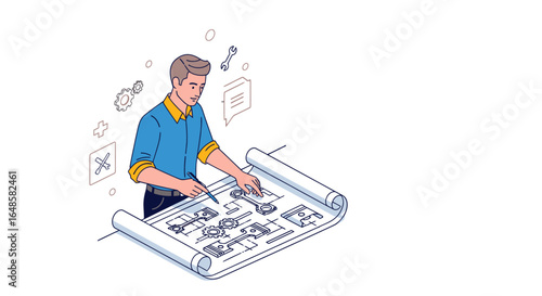 A male engineer in a blue shirt meticulously drafts a mechanical blueprint of pistons and gears.