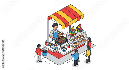 A vibrant isometric food stall scene with a smiling vendor grilling kebabs for a queue of customers.