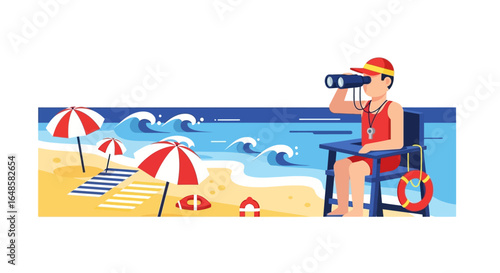 Beach Lifeguard on Duty with Binoculars and Lifeguard Chair