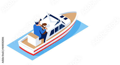Captain in a blue uniform at the helm of a white and red motorboat, isometric vector illustration.