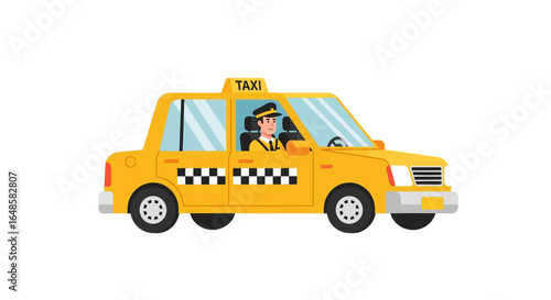 Bright Yellow Taxi Car with Male Driver in Uniform, Checkerboard Pattern