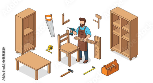 Carpenter using power drill to assemble wooden furniture with tools