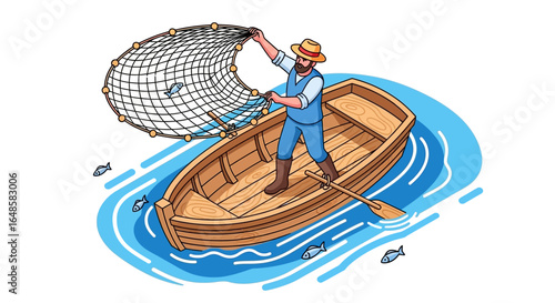 Cartoon Fisherman in Wooden Boat Holding Net with Fish Illustration