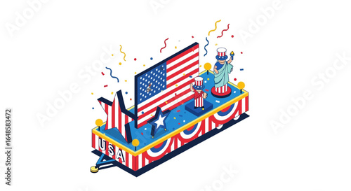 Colorful isometric parade float celebrating USA with flag, stars, and Statue of Liberty.