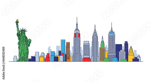 Colorful line art illustration of the New York City skyline with famous landmarks like the Statue of Liberty.