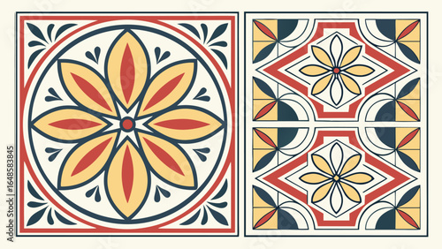 Colorful floral geometric tile design, vintage ceramic pattern for flooring, wall decor, Mediterranean mosaic, retro ornamental home style