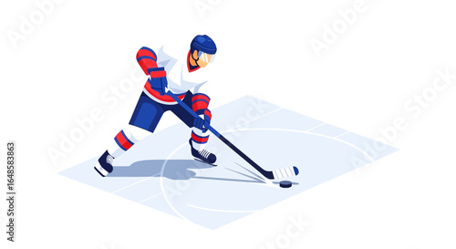 Dynamic ice hockey player in a red, white, and blue uniform, skating with a stick and puck.