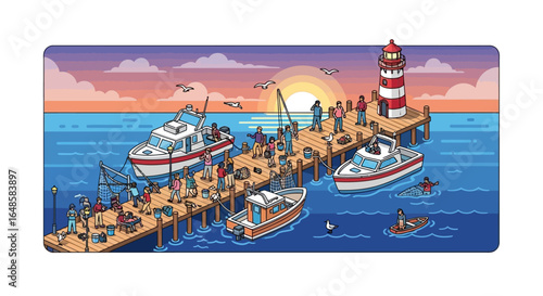 Diverse group of people enjoying activities at a vibrant harbor with boats and lighthouse
