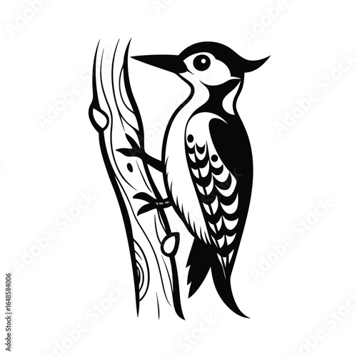 Detailed illustration of a great spotted woodpecker perched on a tree trunk with clean lines