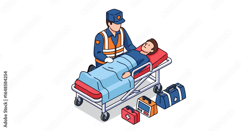 First responder providing emergency medical care to a patient on a stretcher, an isometric illustration. First responder providing emergency medical care to a patient on a stretcher, an isometric illustration.