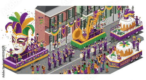 Festive Mardi Gras Parade with Floats, Musicians, and Cheering Crowds