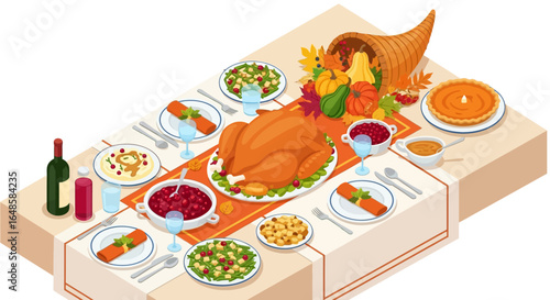 Festive Thanksgiving dinner table with roasted turkey, pie, and cornucopia centerpiece.