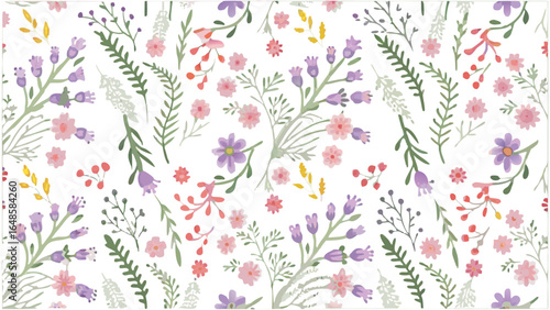 Seamless floral botanical pattern with lavender and wildflowers, vintage decorative nature inspired design for fabric, wallpaper and home decor