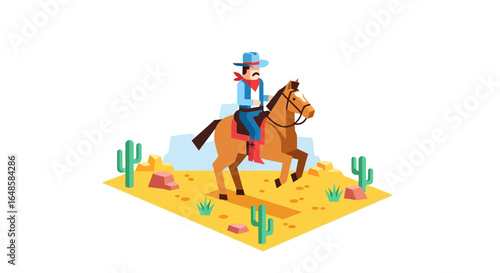 Flat Design Cowboy Riding a Brown Horse in a Desert Landscape with Cacti and Rocks