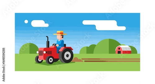 Flat design illustration of a farmer in a straw hat driving a classic red tractor while plowing a field.