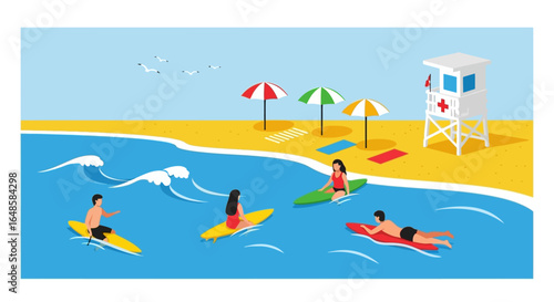 Flat vector illustration of people surfing and relaxing at a sunny beach with a lifeguard tower.