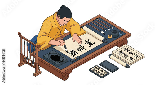 Focused Asian calligrapher in a yellow robe practicing traditional Chinese writing with a brush and ink on a scroll at his desk.