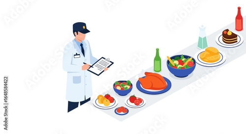 Food safety inspector in a white lab coat examining a line of food products, including chicken, salad, fruit, and cake on a counter.
