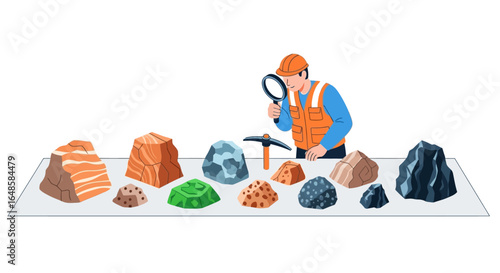 Geologist examining diverse rock and mineral samples with magnifying glass and pickaxe