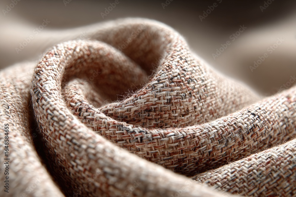Fototapeta premium Close-up of a textured, light brownish-beige fabric in a swirling pattern