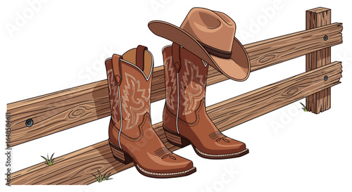Illustrated brown leather cowboy boots with white embroidery and a hat resting on a rustic wooden fence.
