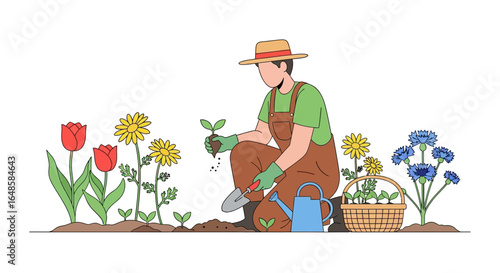 Illustrated gardener in straw hat and brown overalls kneeling, planting a green seedling in rich soil with colorful flowers.