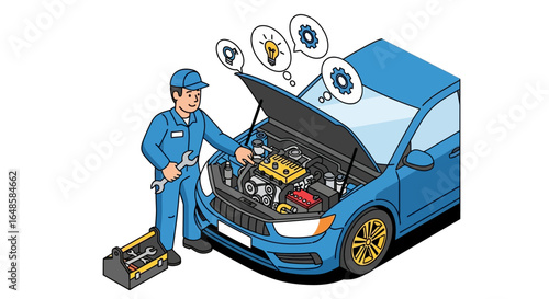 Illustrated mechanic in blue overalls diagnosing a car engine with thought bubbles.