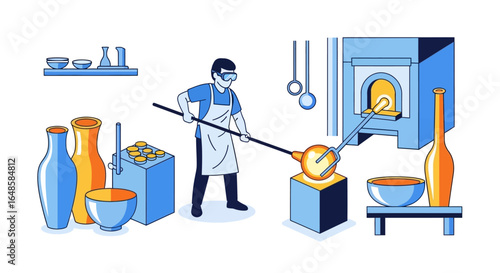 Illustration of a glassblower shaping molten glass in a workshop with a furnace and finished vases.