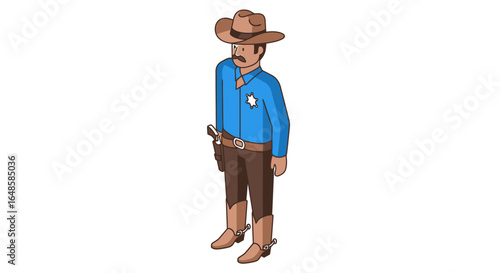 Isometric cartoon sheriff with a moustache, star badge, and gun holster, standing in a classic Wild West outfit.