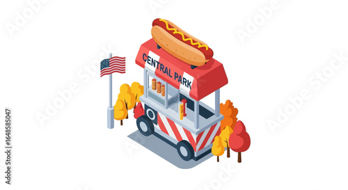Isometric Central Park hot dog stand illustration with a giant hot dog sign on the roof and an American flag.