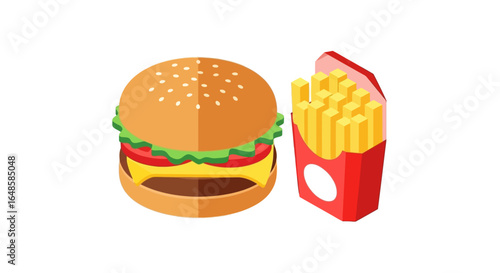 Isometric cheeseburger with a sesame seed bun and a side of french fries in a red carton.