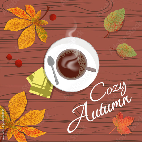 Steaming cup of coffee on a wooden table with autumn leaves, berries, and napkin.Top view.Cozy seasonal vector art perfect for greeting cards, posters, and fall-themed designs. Vector illustration