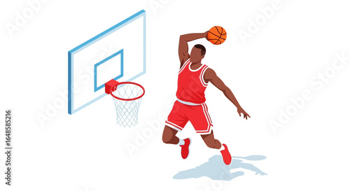 Isometric illustration of a basketball player in a red uniform performing a powerful slam dunk.