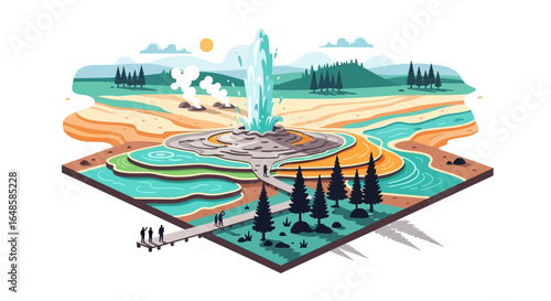 Isometric Geyser Landscape with People, Trees, and Water Features