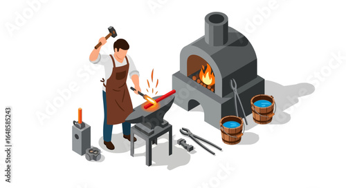 Isometric illustration of a blacksmith hammering a glowing hot metal bar on an anvil in a traditional forge workshop.