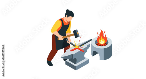 Isometric illustration of a blacksmith in an apron hammering glowing hot metal on an anvil next to a forge.