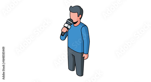Isometric illustration of a faceless man in a blue shirt speaking into a microphone.