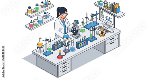 Isometric illustration of a female scientist working in a modern, fully equipped chemical laboratory.