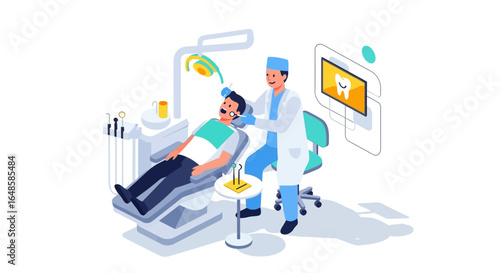 Isometric illustration of a friendly dentist examining a male patient's teeth in a modern dental clinic.
