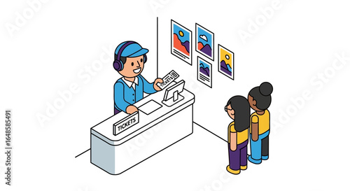 Isometric illustration of a friendly ticket seller with headphones serving two customers at a counter.