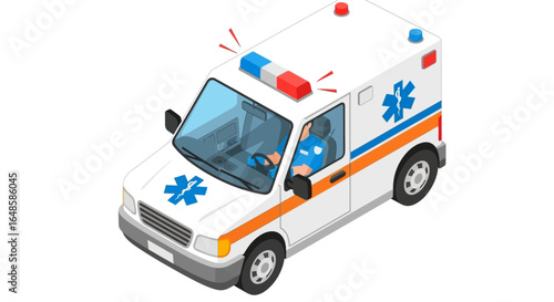 Isometric illustration of a white ambulance van with a driver and flashing emergency lights.