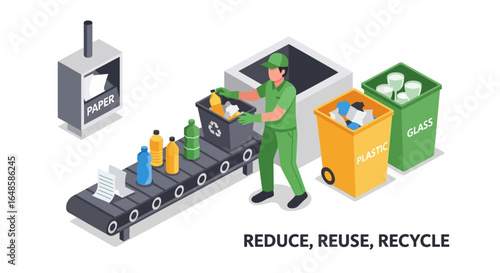 Isometric recycling process showing a worker sorting plastic and paper from a conveyor belt into designated bins.