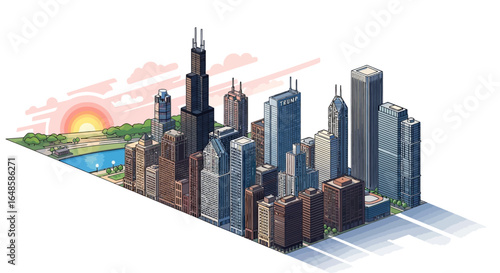 Isometric illustration of the Chicago city skyline with iconic skyscrapers like Willis Tower at sunrise.