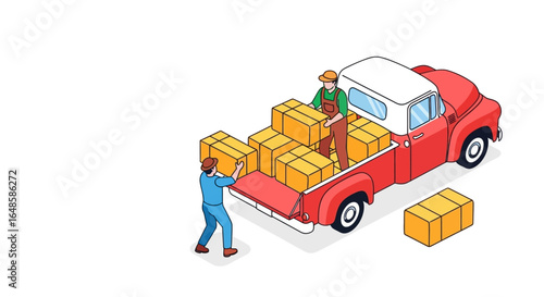 Isometric Red Truck Loaded with Boxes and Two Workers in Overalls