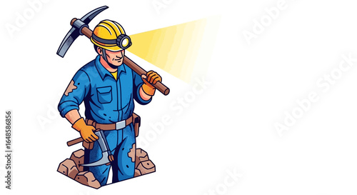 Miner with Pickaxe, Headlamp, and Worn Blue Overalls