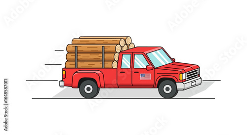Red Pickup Truck Illustration Carrying Stacked Logs with American Flag Decal